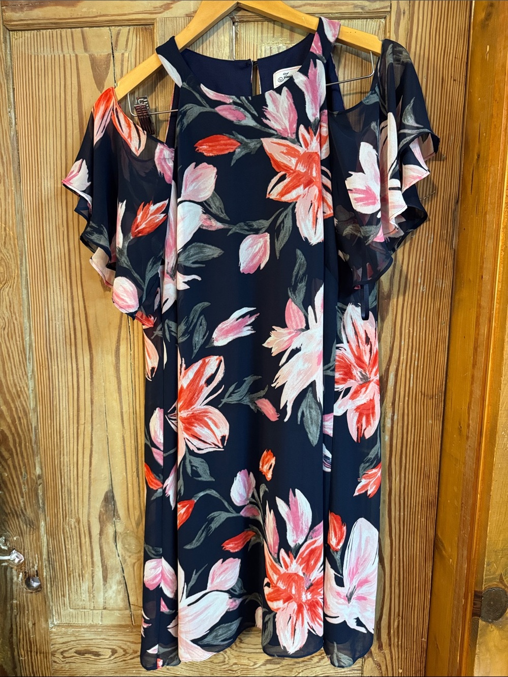 Jessica H Floral Cold-Shoulder Shift halter Dress Navy Pink coral Flowers 14
